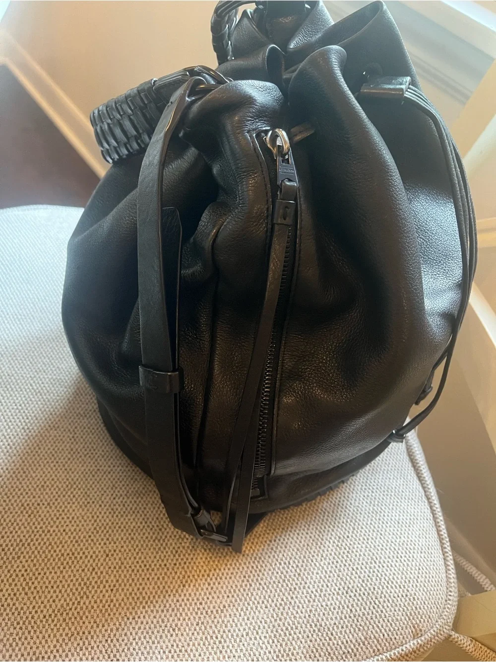 All Saints Black Leather Drawstring Bucket Bag